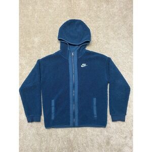 Nike Sherpa Full Zip Jacket Womens Small Blue Hooded Swoosh Logo Pockets